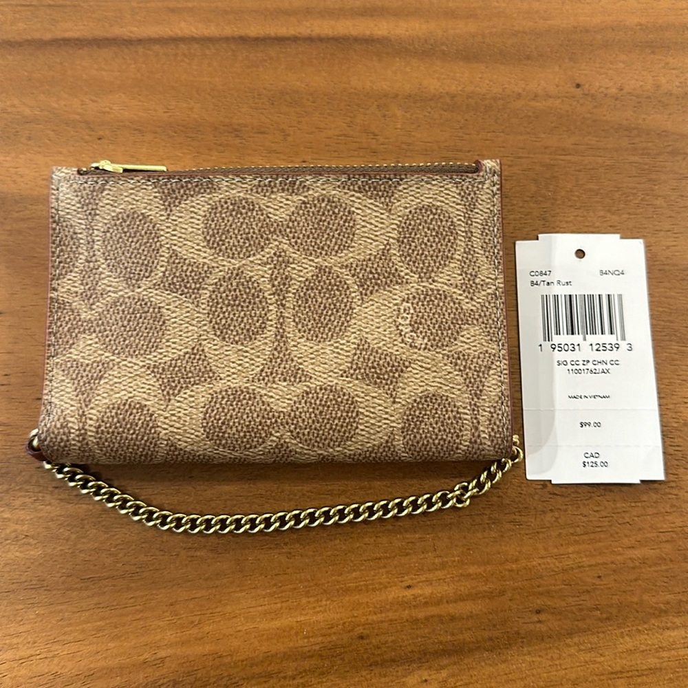 Coach C0847 Zip Chain Card Case Signature Canvas Wallet Tan